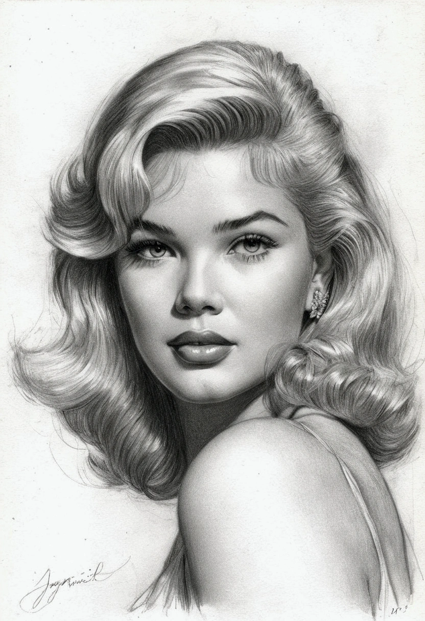 A delicate, graphite sketch portrays, a young beautiful Jayne Mansfield, without background, her features rendered in subtle shading and precise lines. The framing is tight, focusing attention on the subject's serene face. Soft, feathery strokes convey the gentle texture of her hair,