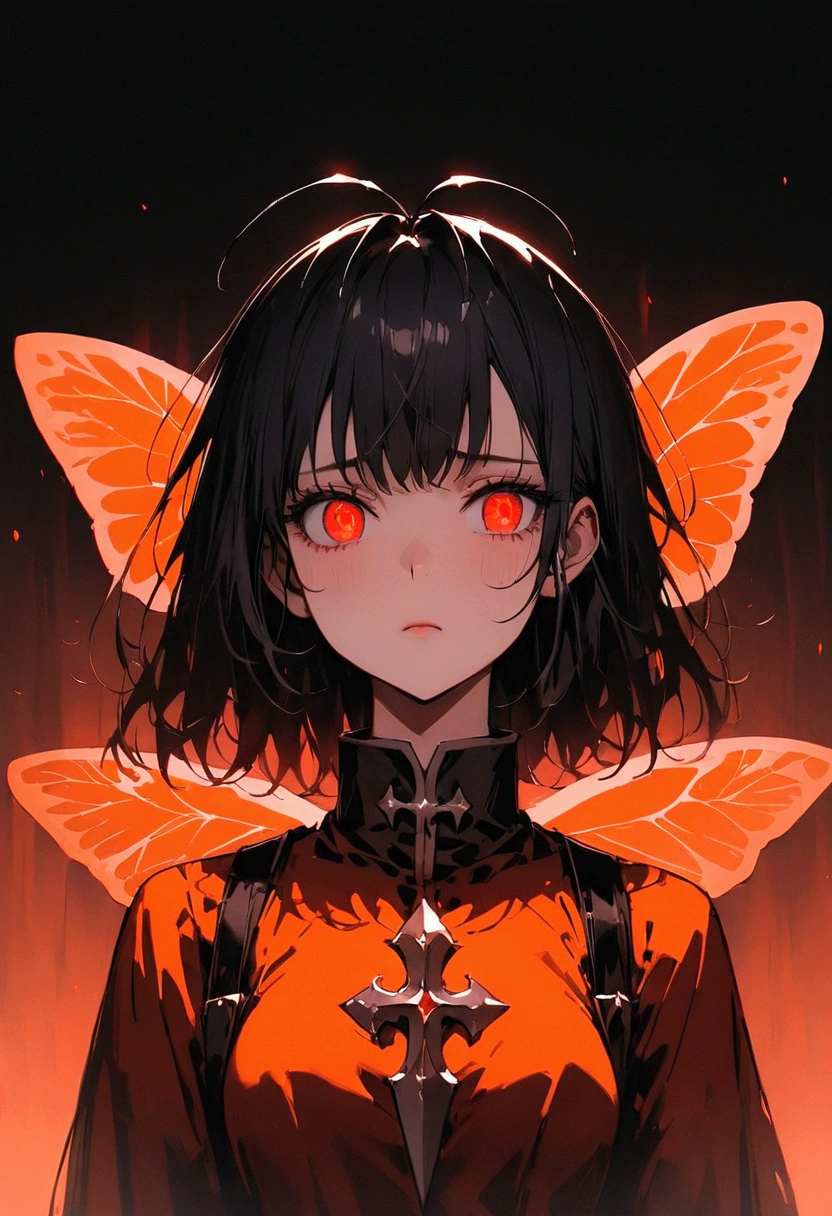 masterpiece), highest quality, Expressive eyes, Perfect Face, female, black Hair, red Eyes, Antenna's, knight garments, orange huge butterfly wings on back, Portraiture, good looking, Apathetic and tired, full body visible, ((entire body shot)) MUSTBE