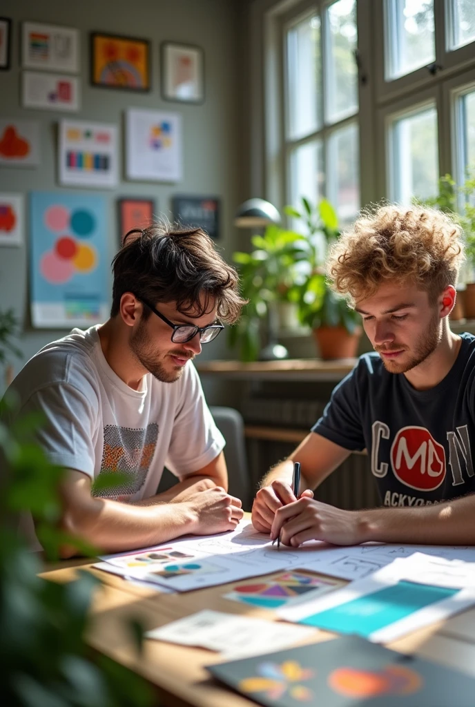 two young men, Graphic designers, working.