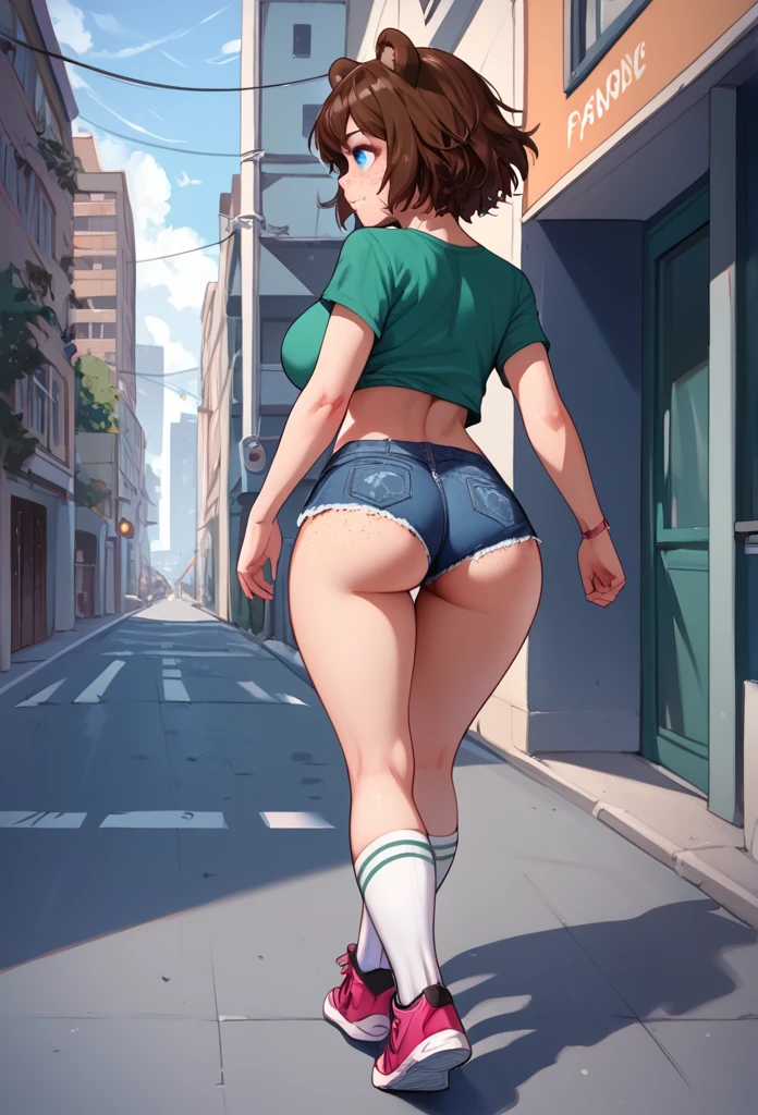 score_9, score_8_up, score_7_up, 1girl, solo, hourglass figure, , kemonomimi, bear ears, brown hair, short hair, messy_hair, blue eyes BREAK freckles, green shirt, short sleeves, navel, denim shorts, high socks, white socks, sneakers, walking on paviment, outdoors, urban area, daytime, from behind, looking away, :o, cute butt 