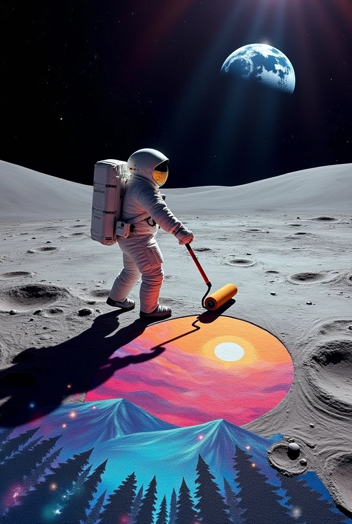 An astronaut with a paint roller, creating a large colorful mural on the lunar surface, with brushstrokes depicting terrestrial and galactic landscapes.