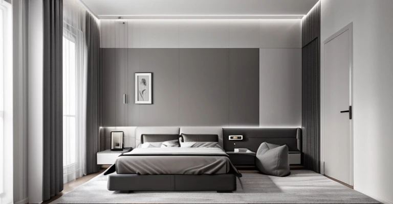 Modern bedroom interior, sleek design, two windows with curtains at the head of the bed, color scheme: grey and white, minimalist furniture, clean lines, contemporary décor, natural light, cozy ambiance, soft textures, elegant bedding, neutral tones, uncluttered space, simple yet sophisticated
