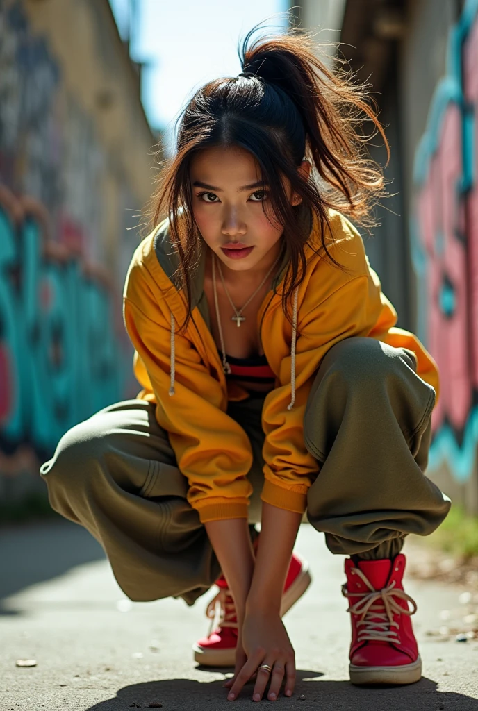1 asian female, street fashion, hiphop style, baggy loose clothing, breakdancing, headspins, footwork, detailed facial features, beautiful eyes, detailed face, dynamic pose, high quality, photorealistic, masterpiece, cinematic lighting, vibrant colors, urban setting, graffiti background