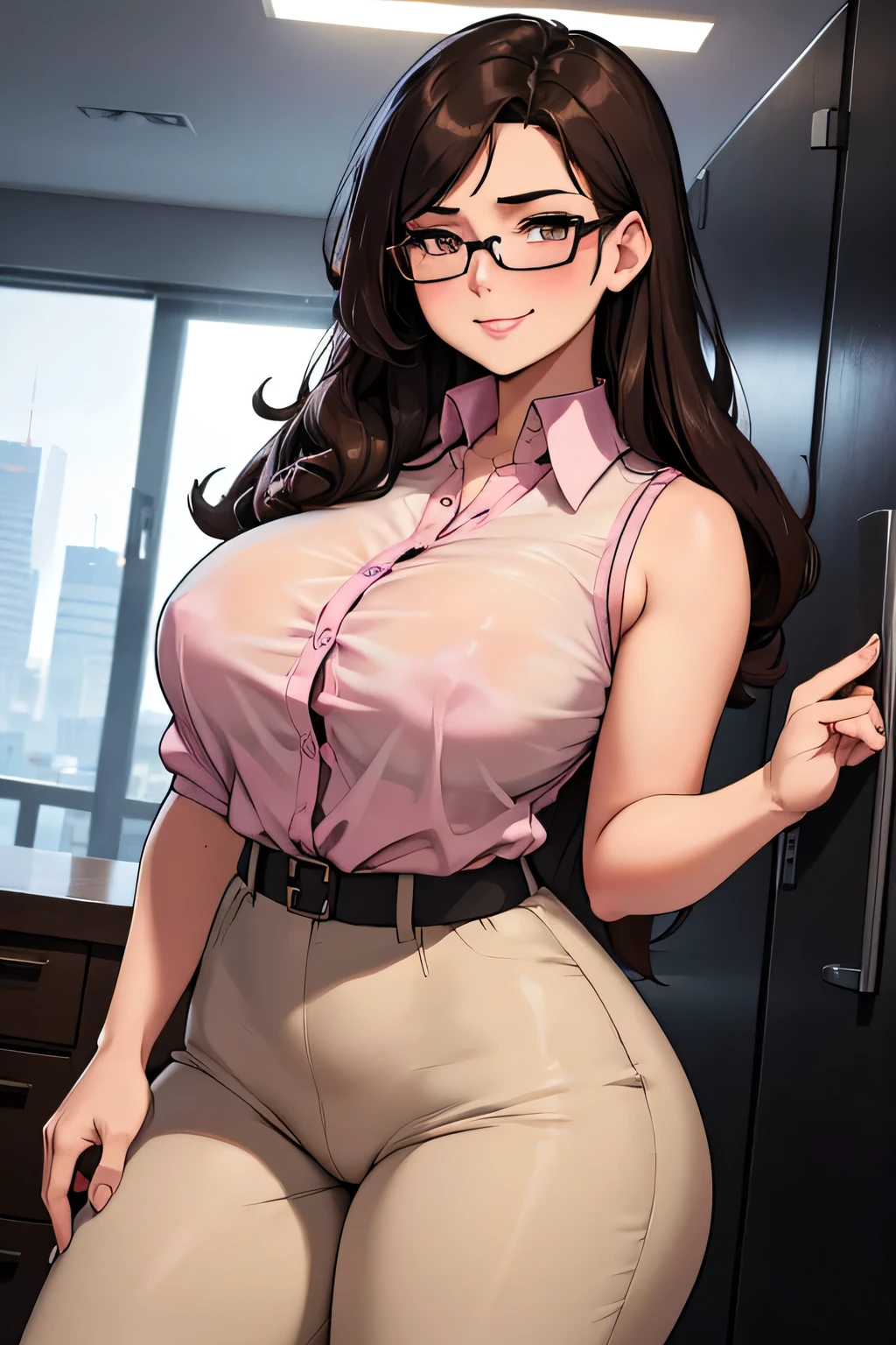absurdres, high res, ultrasharp, 8K, masterpiece, 1girl, long hair, sensual look, sultry smile, dark brown hair, curvy huge breasts, glasses, secretary outfit, big , sleeveless buttoned-up pink blouse, formal look, beige
Sweat pants, see through, no sleeves or cuffs on pink blouse, standing up straight