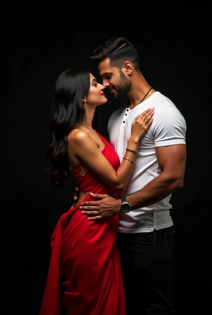 A beautiful lean Indian woman wearing read saree locking her hands with the handsome man's neck who is tall handsome muscular like a supermodel wearing white button up t-shirt and black jeans. Ai cover. His hands are on her waist. Background black. The man is indian