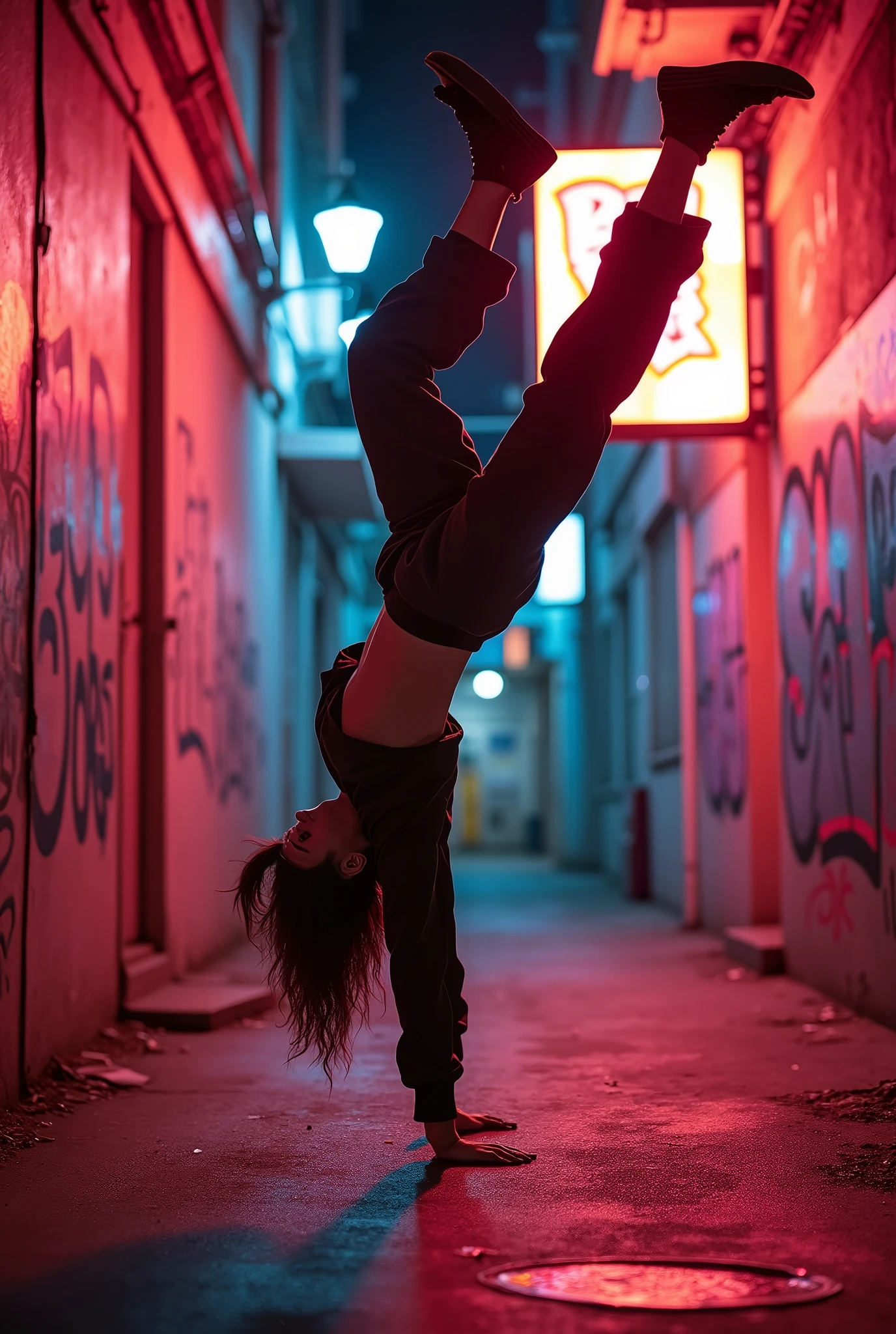 1 asian female, streetstyle hiphop fashion, baggy loose clothing, breakdancing, footwork spinning on head, expressive pose, urban allyway environment, neon lights, cinematic lighting,, extremely detailed, photorealistic, 8k, film grain, dynamic composition, high quality, masterpiece