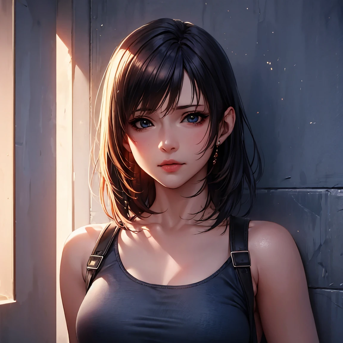 (masterpiece), (Highest quality), 8k resolution, Very detailed, Very detailedリエアート, Actual site, photograph, Photorealistic, (One person), Tifa, Final Fantasy, Tifaロックハート, Light of the sun, Cinematic, Cool pose, No makeup、light makeup、Concrete wall、Metal Pipe,Beautiful eyes in every detail、double eyelid,Shortcuts、Dark brown、,Slim figure、Gray background