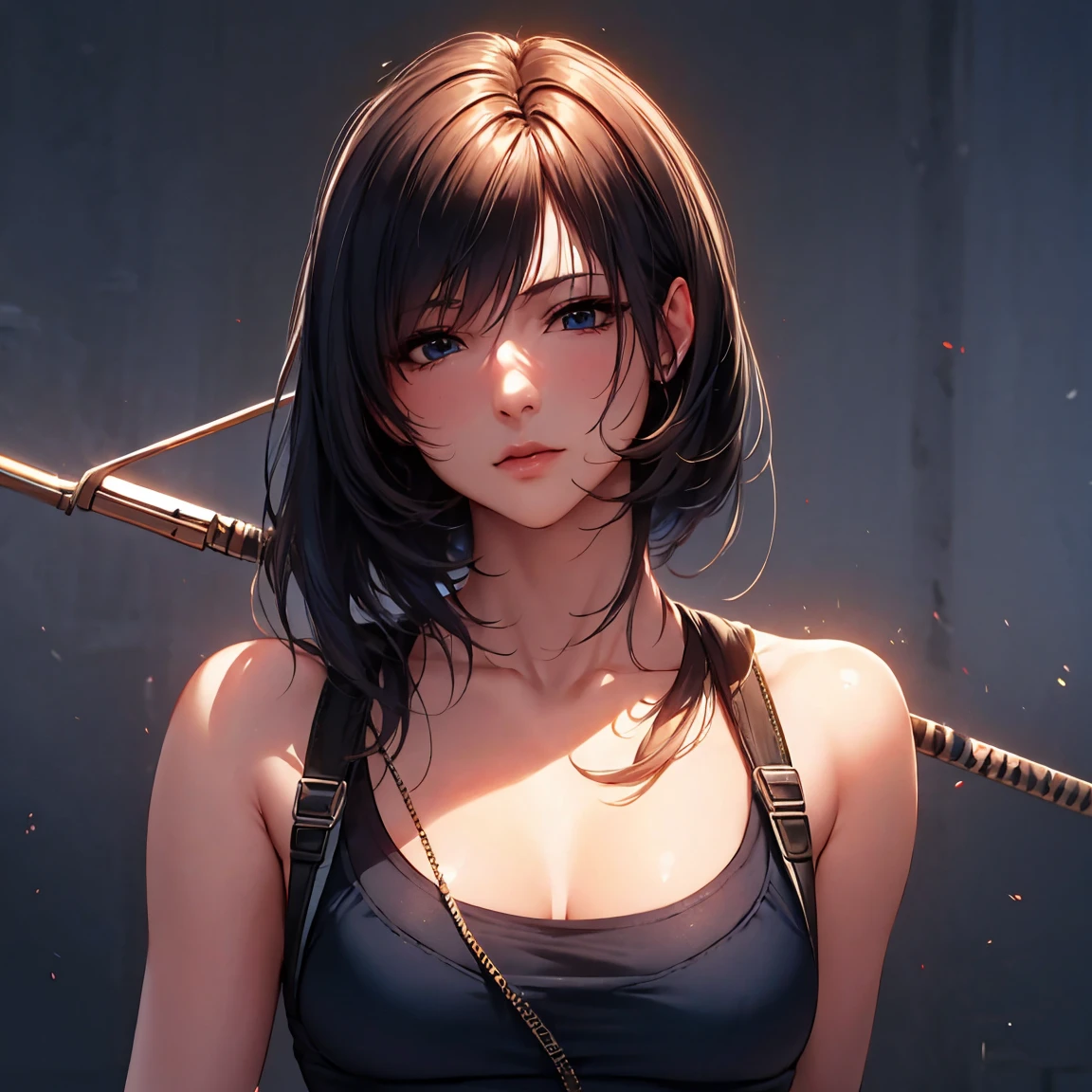 (masterpiece), (Highest quality), 8k resolution, Very detailed, Very detailedリエアート, Actual site, photograph, Photorealistic, (One person), Tifa, Final Fantasy, Tifaロックハート, Light of the sun, Cinematic, Cool pose, No makeup、light makeup、Concrete wall、Metal Pipe,Beautiful eyes in every detail、double eyelid,Shortcuts、Dark brown、,Slim figure、Gray background