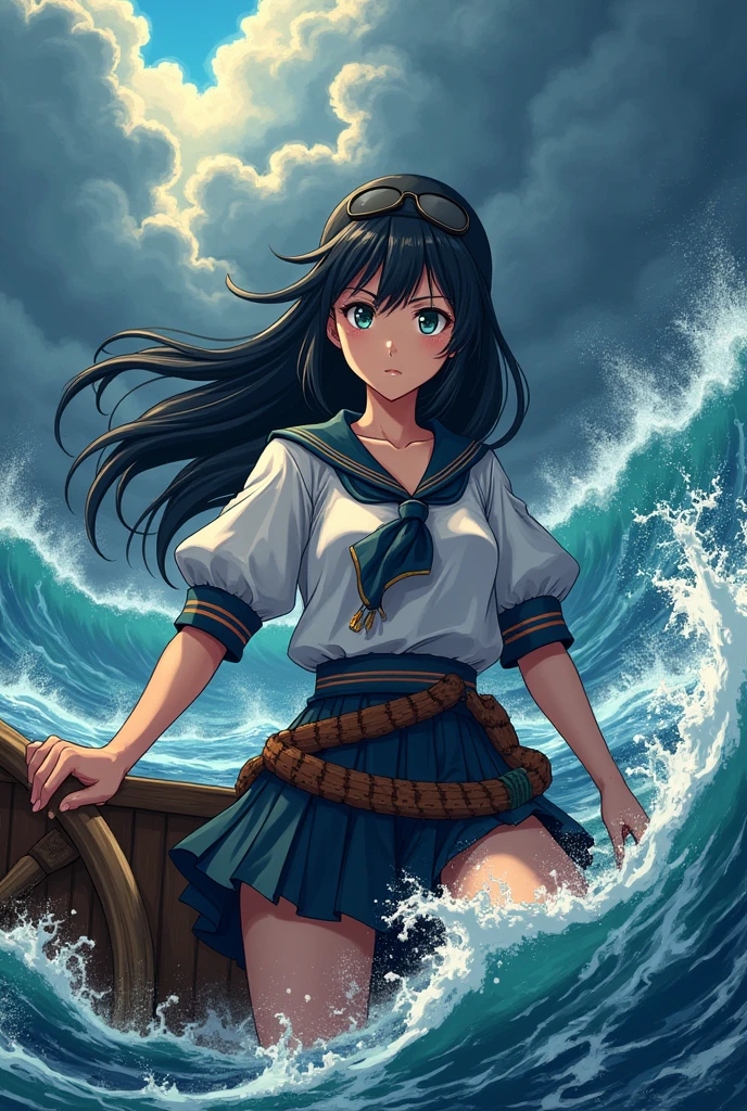 Japanese female explorer、Japanese anime style、Sailing、At the helm、In the rough seas、Serious expression