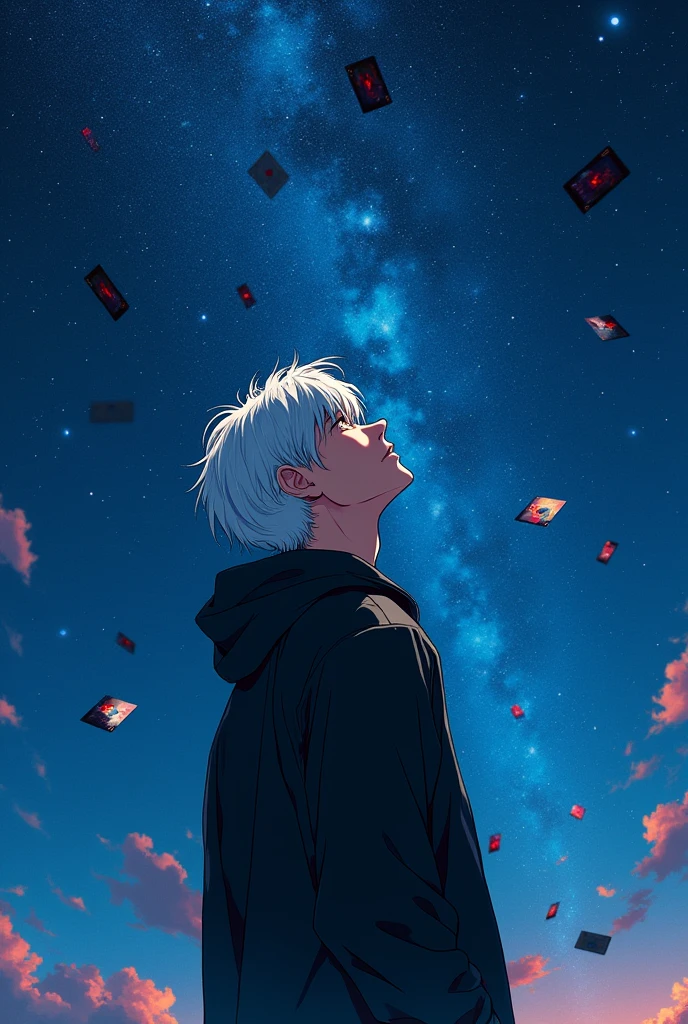 A man with white hair in a black windbreaker looking up at the starry night sky，The cards spun around him.，Anime style，Highly detailed，Film Lighting，dramatic，（Best quality，4K，8k，high resolution，masterpiece：1.2），Ultra Detailed，（lifelike，Photoreal，Photoreal：1.37），dramatic的灯光，Moody atmosphere，Dynamic composition，Intricate details，Vibrant colors，Whimsical fantasies，Surrealist elements，Magical Realism