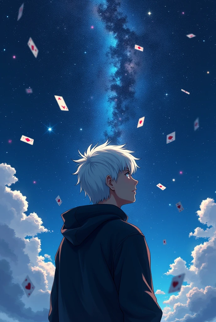 A man with white hair in a black windbreaker looking up at the starry night sky，The cards spun around him.，Anime style，Highly detailed，Film Lighting，dramatic，（Best quality，4K，8k，high resolution，masterpiece：1.2），Ultra Detailed，（lifelike，Photoreal，Photoreal：1.37），dramatic的灯光，Moody atmosphere，Dynamic composition，Intricate details，Vibrant colors，Whimsical fantasies，Surrealist elements，Magical Realism