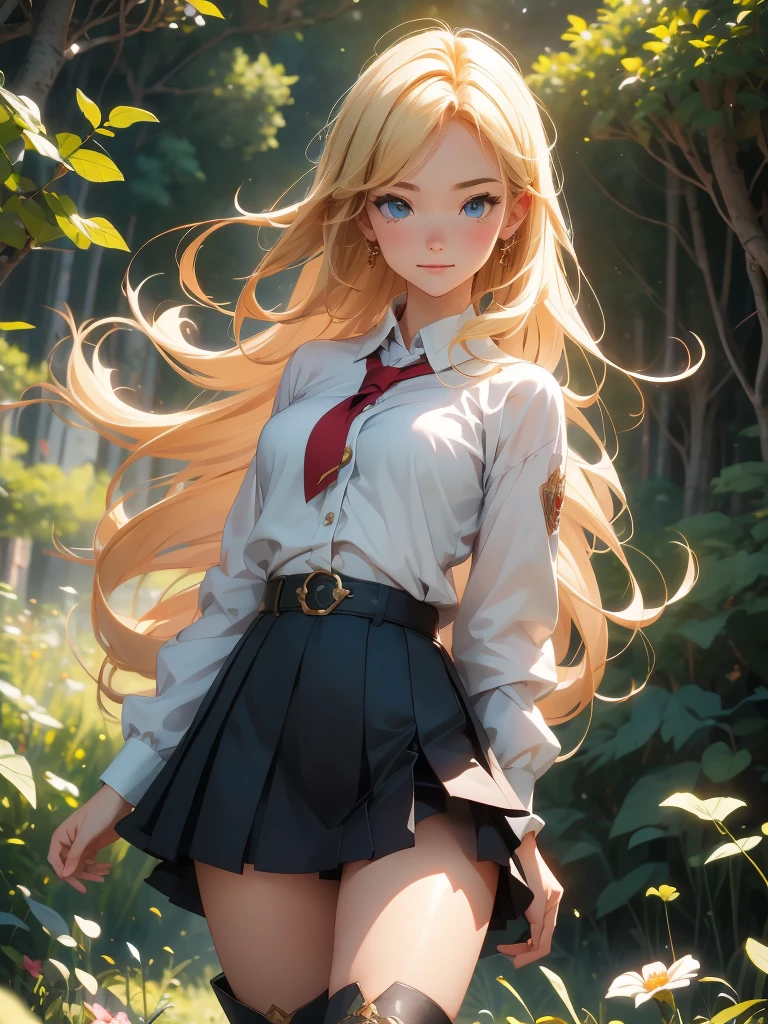high resolution:1.7, incredibly absurdres, kawaii:1, cute:1.5, hires.fix, anime visual:1, incredibly fine illustration,8k,masterpiece:1.2,best quality, high quality, exquisite, beautiful,insanely detailed,intricate detailed, extremely detailed, Super Definition, ultra high res, Super Resolution, best aesthetic, ultra detailed:1.5, best quality, perfect face, detailed face,stunning art,absurdres,octane render,ultra hires,cute,Beautiful,(Cute and lovely),cute girl,((extremely cute and beautiful blond hair)),serious,smile,A 16 year old daughter becomes an adventurer and battles monsters for the first time.prepare a sword,Deep in the forest, red miniskirt, gold thighlet,boots,Spirits fly around her like stars, giving the girl power.full body