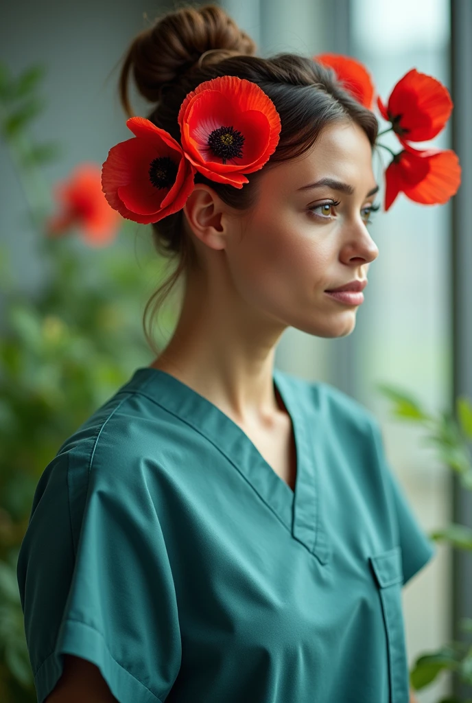 a woman in a scrub suit with bunned hair with poppy flowers covering her face