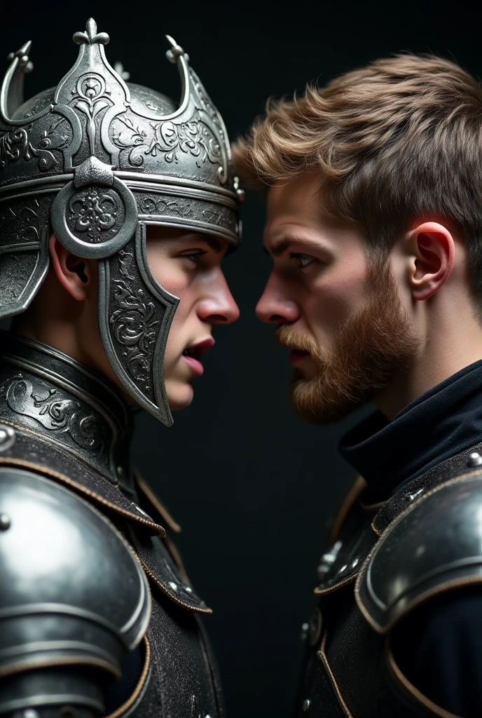 Two young men facing each other angrily wearing different armors with dark background, one of them is wearing a crown. I need only their faces, closer.