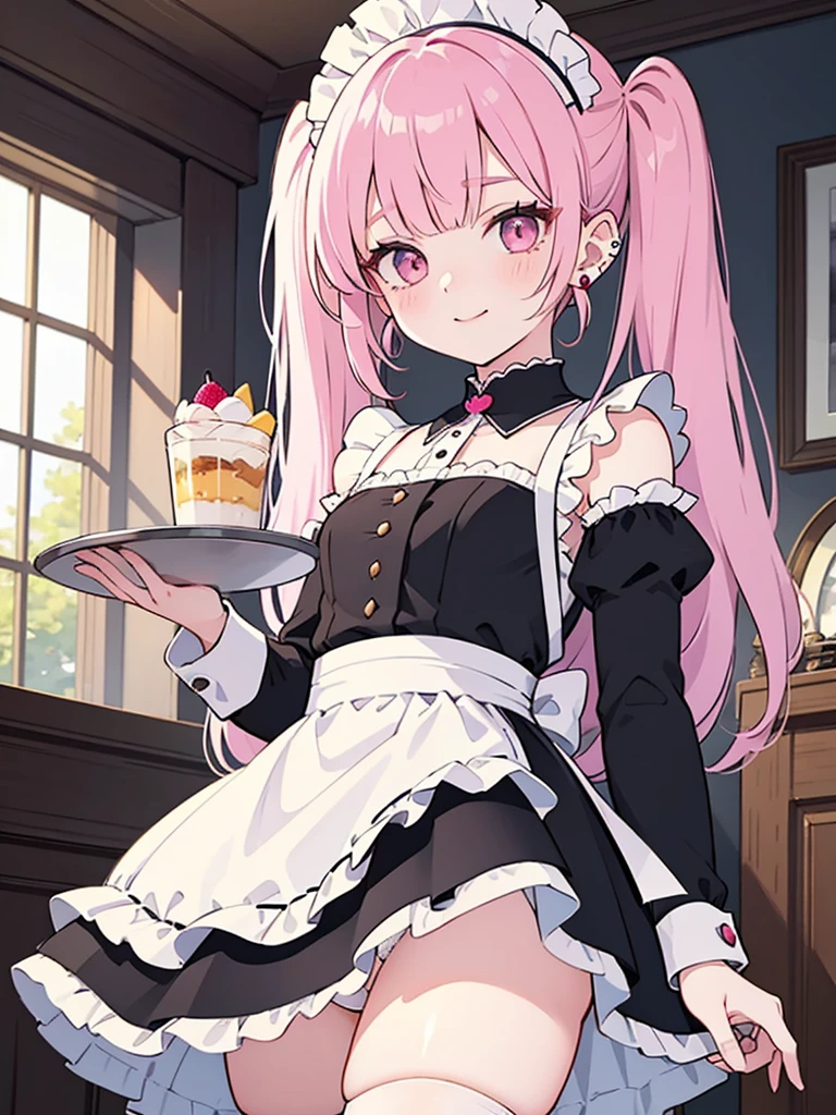 High resolution, masterpiece, accurate, Highest quality, High detail, Create an illustration of the character with detailed eye makeup accented with pink eyeshadow that fades to a lighter color towards the inner corners of the eyes. Thick, long eyelashes and soft, arched eyebrows complement it. The character has a unique hairstyle with straight cut bangs that frame her face, hair pulled into small twin tails secured with a pink band that matches the eyeshadow, and the rest of the hair hanging naturally a little longer than her shoulders. Her ears are adorned with multiple earrings, including studs and hoops, adding a playful touch to the overall aesthetic. She wears a classic maid outfit consisting of a black dress, a very short skirt with a small glimpse of her white panties, a white apron with ruffled trim, pink ribbons on the sides, and black thigh-high stockings. She holds a tray of parfait desserts, and her serene expression and gentle smile exude elegance. The overall aesthetic is soft, adorable, and subtly sexy, with an emphasis on the beauty of her face and hair, bringing out intricate, realistic details.