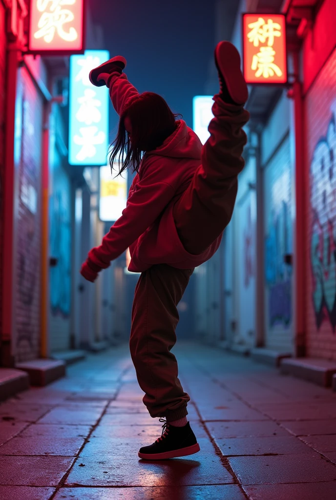 1 asian female, streetstyle hiphop fashion, baggy thick edgy loose clothing, breakdancing, footwork spinning on head, expressive pose, urban allyway environment, neon lights, cinematic lighting,, extremely detailed, photorealistic, 8k, film grain, dynamic composition, high quality, masterpiece