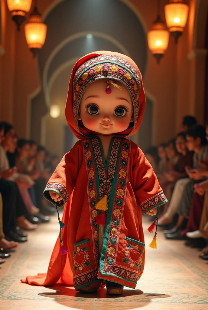 big head  wearing Moroccan  in full body realistic fashion show