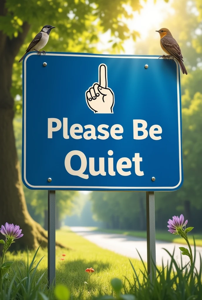 Road sign Please be quiet Front view composition Blue sign with illustration and text