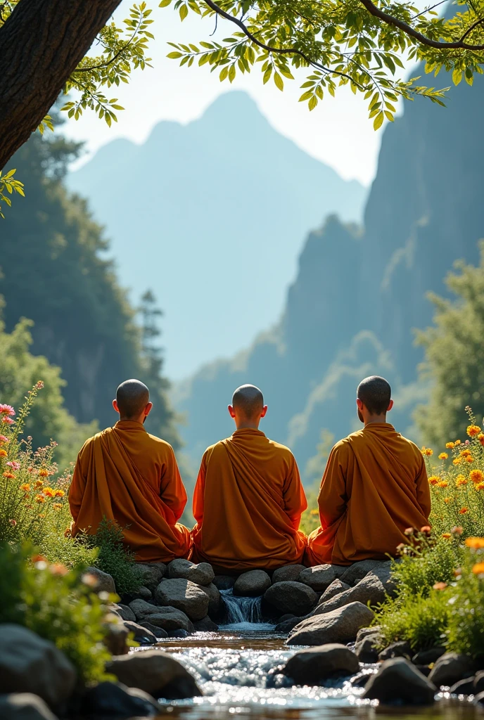 Three monks meditating in a beautiful natural environment. Faces are visible in front