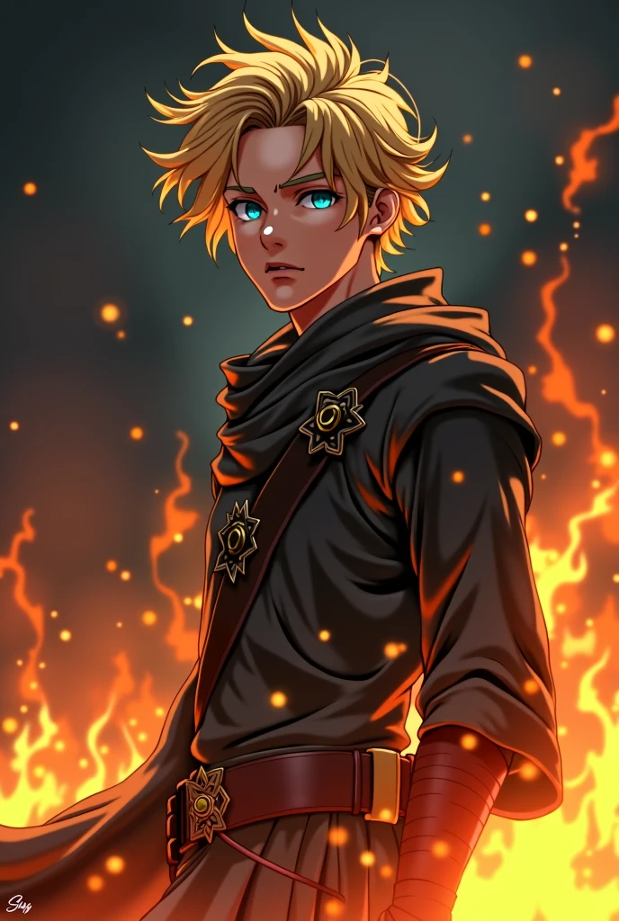 Animé, médiévale - Un homme vagabond de 27 ans aux cheveux blonds et aux yeux bleus entouré par les flammes debout devant un fond noir
