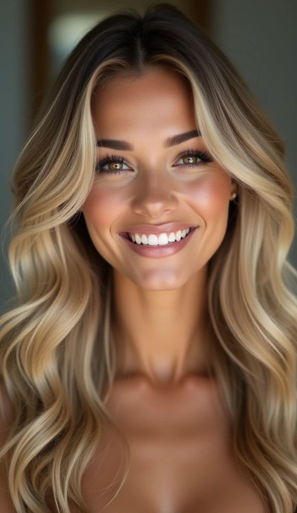 high resolution photo frontal portrait of a woman that has a radiant oval face with a striking and captivating appearance, radiating elegance and charm. A beautiful 29 year old woman with delicate and feminine facial features. Her long, wavy blonde hair frames her face in a charming way, while her warm honey brown eyes shine with intelligence and warmth and are framed by long, dark lashes and well-shaped eyebrows. Her facial features are perfectly balanced, with an elegant nose and softly defined cheekbones. Her cheekbones, her facial features are high and prominent, perfectly balanced, with softly small and elegantly defined cheekbones. Her smile is radiant and infectious, lighting up the room whenever she enters. Her full, naturally pink lips add a touch of seduction to her already captivating presence and often curve into a warm, friendly smile that reaches her eyes. Gabriela meticulously takes care of her appearance, maintaining clear, smooth and flawless skin with a golden tone that enhances her natural beauty and radiates a healthy glow. Her oval face is complemented by long, flowing blonde hair that cascades over her shoulders with a natural, healthy glow. Overall, Gabriela has a classic, timeless beauty with an approachable girl-next-door charm --style raw --ar 3:4