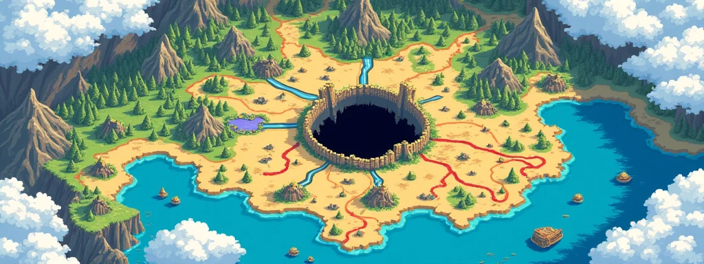 game map, Hyrule, Ancient Fantasy Regional Map, Highly detailed map,Detailed Map, Height Map,world map、Isekai Map、Map of the Kingdom、Otherworldly Adventure,K HD、meticulous、Ground View、Spread up,pixel art , There are 3 major countries of the human race, the blue line, the red border, the yellow border, and beside the yellow border is the sea, with a very deep black hole in the middle of the sea, the green line is the forest area, and the dark green is the very dense forest area, which is the place of the Elf race, and the purple area is the Demon race area, which is a desolate, polluted land, and the white border area is the high mountain area, the snowy area of the Dragon race. , (Top of view)