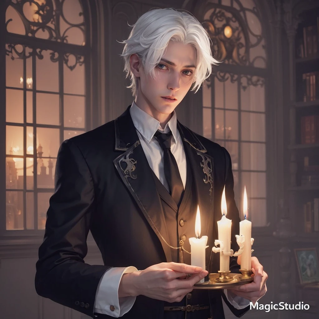 Pale Victorian ghost boy dancing with a candelabra in his hand, a scene rich in detail, the clothes flutter amid the flames
