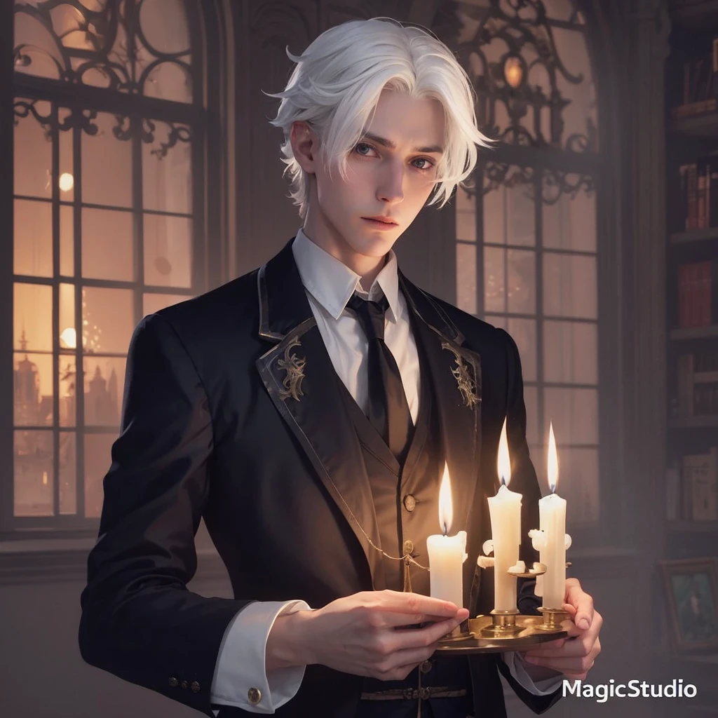Pale Victorian ghost boy dancing with a candelabra in his hand, a scene rich in detail, the clothes flutter amid the flames