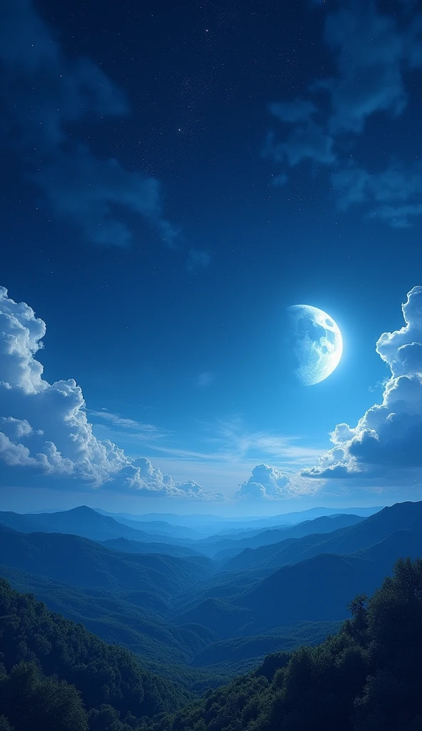 star-filled night sky, half moon, clouds, beautiful detailed , serene expression, (best quality,4k,8k,highres,masterpiece:1.2),ultra-detailed,(realistic,photorealistic,photo-realistic:1.37),painting, landscape, dramatic lighting, moody atmosphere, vibrant colors, dynamic composition
