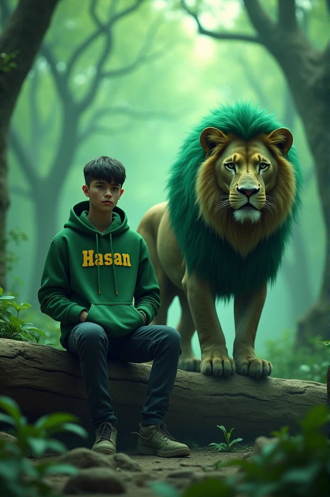 a man Wearing a green hoodie with the name "hasan" sitting on wood next to a green thunder real lion, realistic clothing, streetwear fashion, realistic 3d anime style, Foggy green forest Background 8k unreal engine render