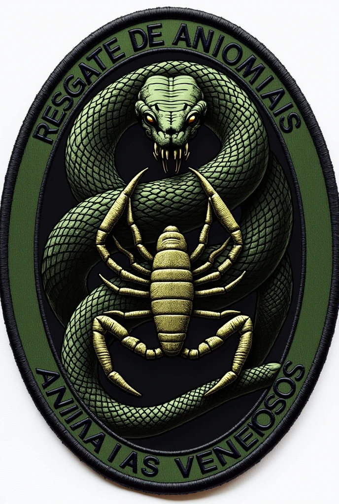 Image for military patch  ,round-cropped , green and black  , rescue of venomous animals with snake, scorpion and spider , around it written RESCUE OF POISONOUS ANIMALS in Portuguese 
 