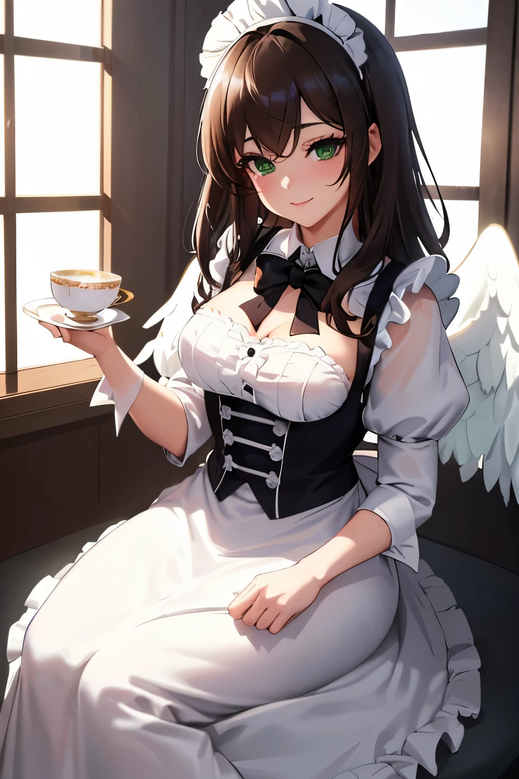 ((masterpiece, Highest quality, High resolution, 超High resolution, Pixel perfect, Written boundary depth, 4K, RTTX 10.0, High resolution))), 1 person, single, alone, Beautiful Anime, Beautiful art style, Anime characters, ((Shortcuts, bangs, Dark brown hair)), ((Green Eyes:1.4, Round eyes, Beautiful eyelashes, current eyes)), ((Smooth texture:0.75, Anime CG style)), ((Dynamic Angle, close)), Perfect body, (cute), Normal chest, whole body, ((4K, 8k, Highest quality, Perfect Fingers: 1.3, Perfect Anatomy: 1.3, Background Blur)), whole bodyアングル, Illustration of a female angel wearing a maid outfit, The character is an angel with pure white wings.、She wears a classic black and white maid outfit。, The maid outfit is decorated with frills and ribbons.、Elegant and lovely design。, She smiled gracefully.、Holding a teacup in his hand。, A soft light shines in the background。