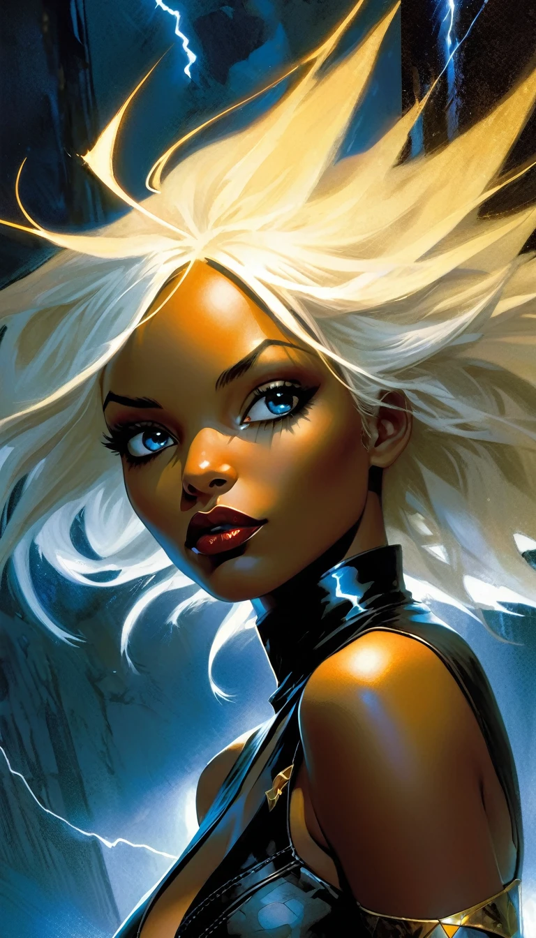 storm character, black skin, long white hair, blue eyes, superhero black leather suite, miniskirt, , x on the belt, lightning, african city background, magic, stars, (best quality, 4k, 8k, high resolution, masterpiece: 1.2), ultra-detailed, (realistic, photorealistic, photorealistic: 1.37), details intricate, vivid colors, sharp focus, professional, Dave McKean artwork, surrealism oil touch, oil painting style, portrait, woman, beautiful detailed eyes, beautiful detailed lips, dreamy atmosphere, shadow play, lighting soft, fun pose, dark tones, ethereal background, fantasy elements,lightning, texture, layered composition.art inspired by Bill Sienkiewicz and Dave McKean