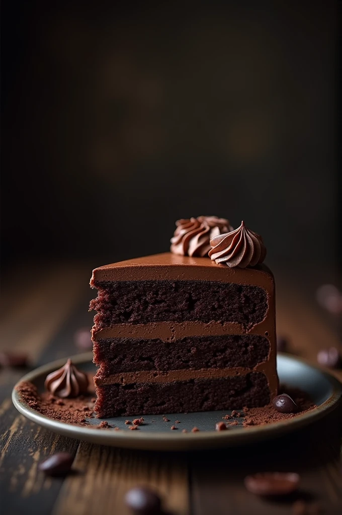 cinematic film still chocolate, chocolate cake, dark background, quality photo, moist texture, frosting, studio photo, slice . shallow depth of field, vignette, highly detailed, high budget, bokeh, cinemascope, moody, epic, gorgeous, film grain, grainy