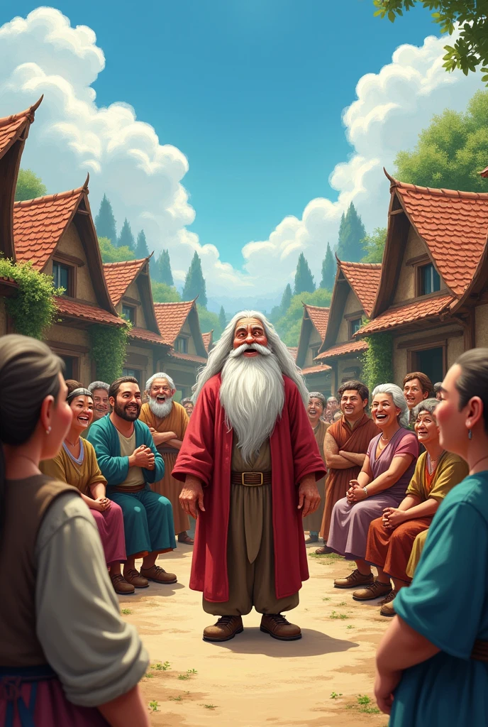 The sage is telling a joke, and the villagers are depicted in three stages: the first group is laughing heartily, the second group is chuckling lightly, and the third group is silent, with puzzled or thoughtful expressions