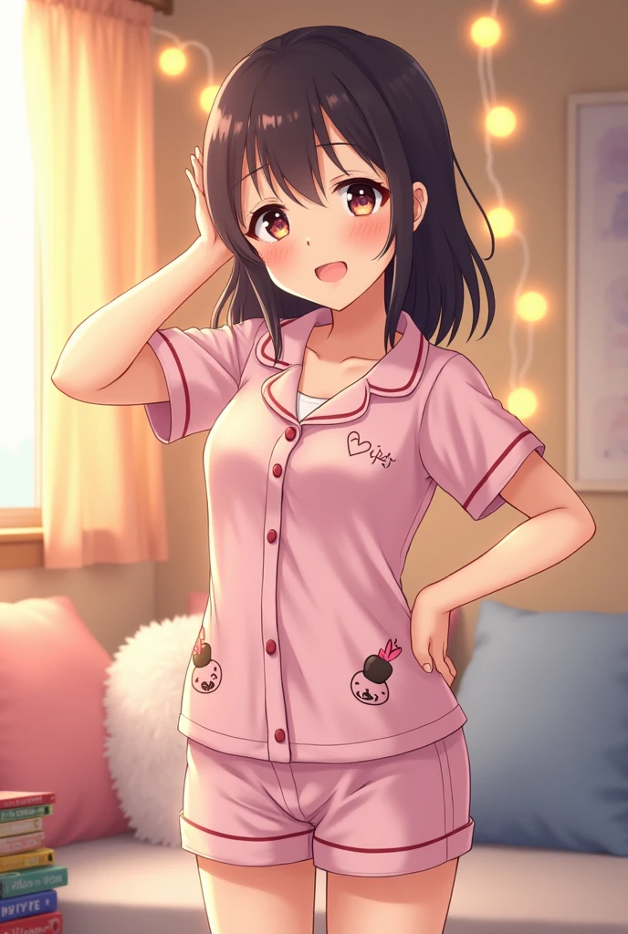 Anime girl posing in pajamas with exposed and big belly button