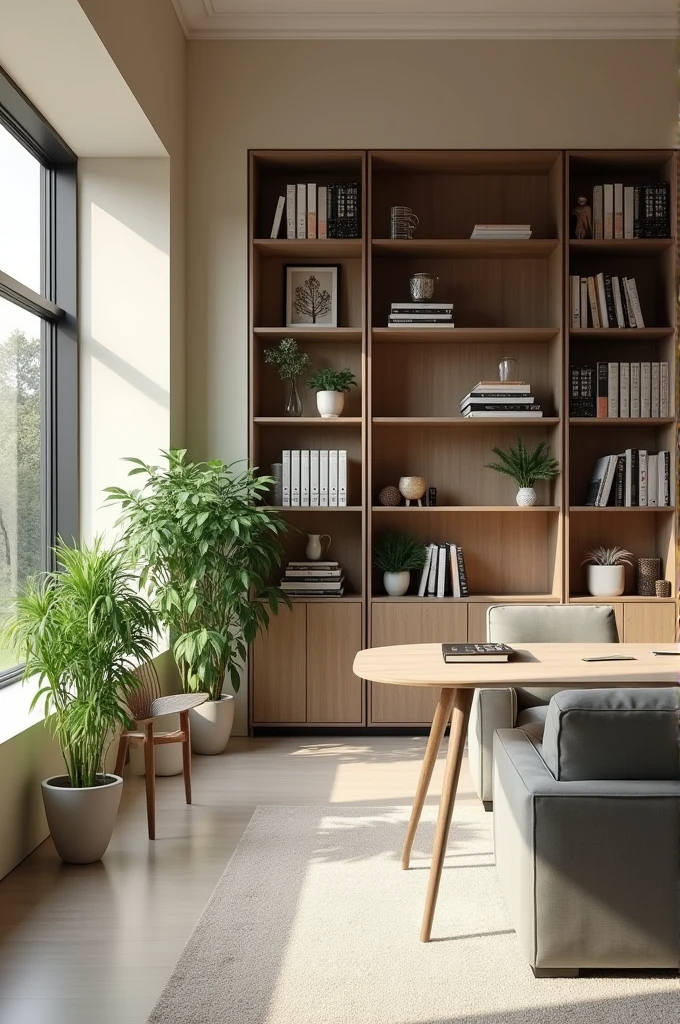 Office background image with bookshelf green plants left side windows gray furniture