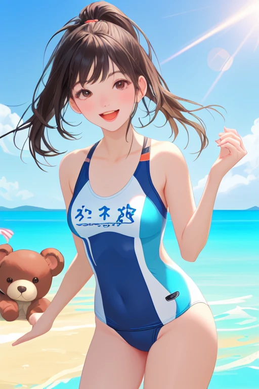 Sporty swimsuit and cute teddy bear Southern island resort Fun summer Full of energy