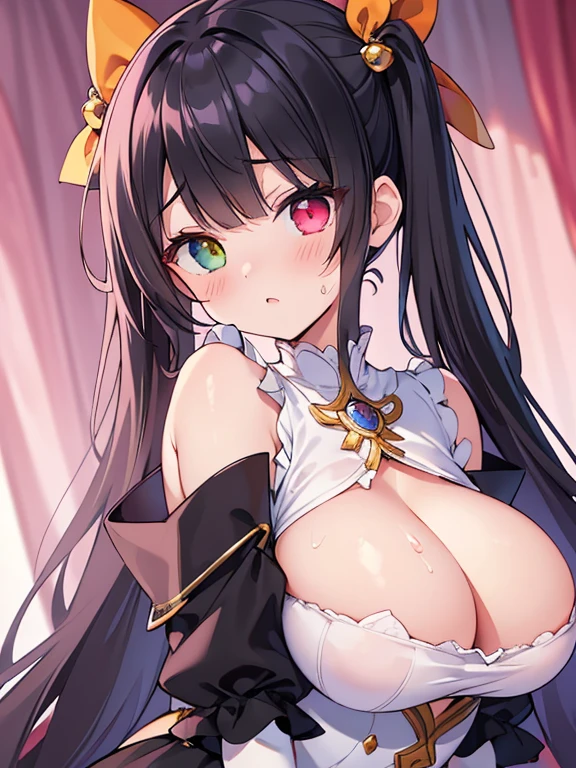 (masterpiece, top quality, super high quality, super high detail, beautiful hair, beautiful eyes, perfect face),
Short twin tail, black hair, very baby face, droopy eyes, heterochromia, PINK EYE, ORANGE EYE, very huge breasts, 145cm tall, girl is breathing hard and entranced by huge penis, sweaty,