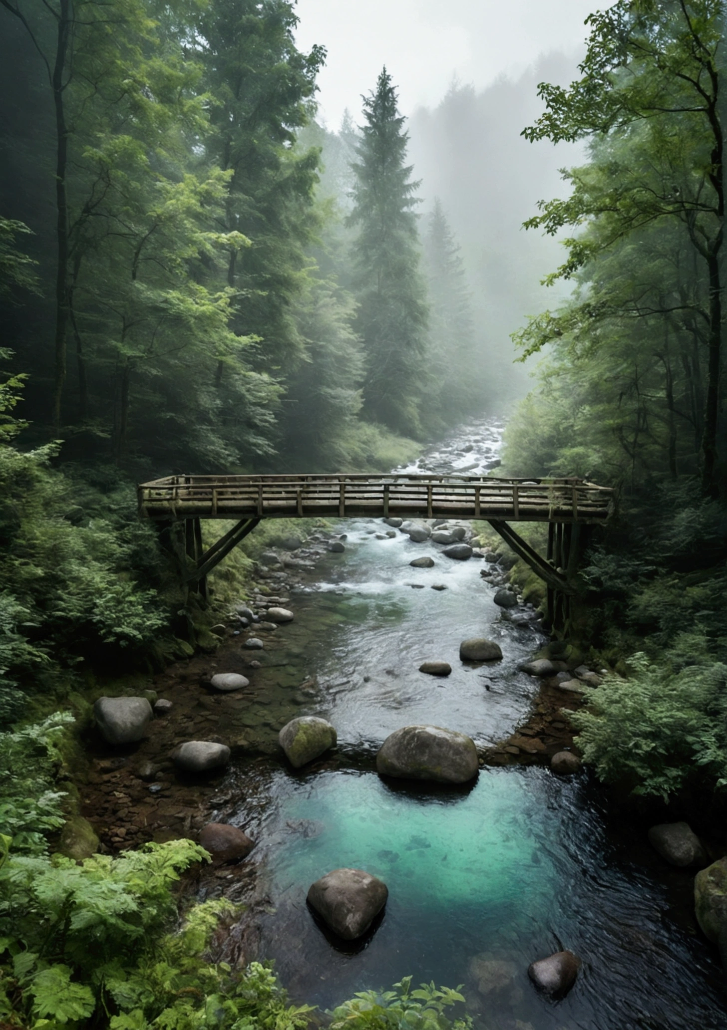 Mountain stream in primeval forest，Clouds and mist，Standing on the bridge and looking down，The water is clear and you can see many small pebbles，Very fresh and natural，Emerald green, clear gray tone,The Rule of Thirds，Maximum resolution，All the details can be seen clearly，4K