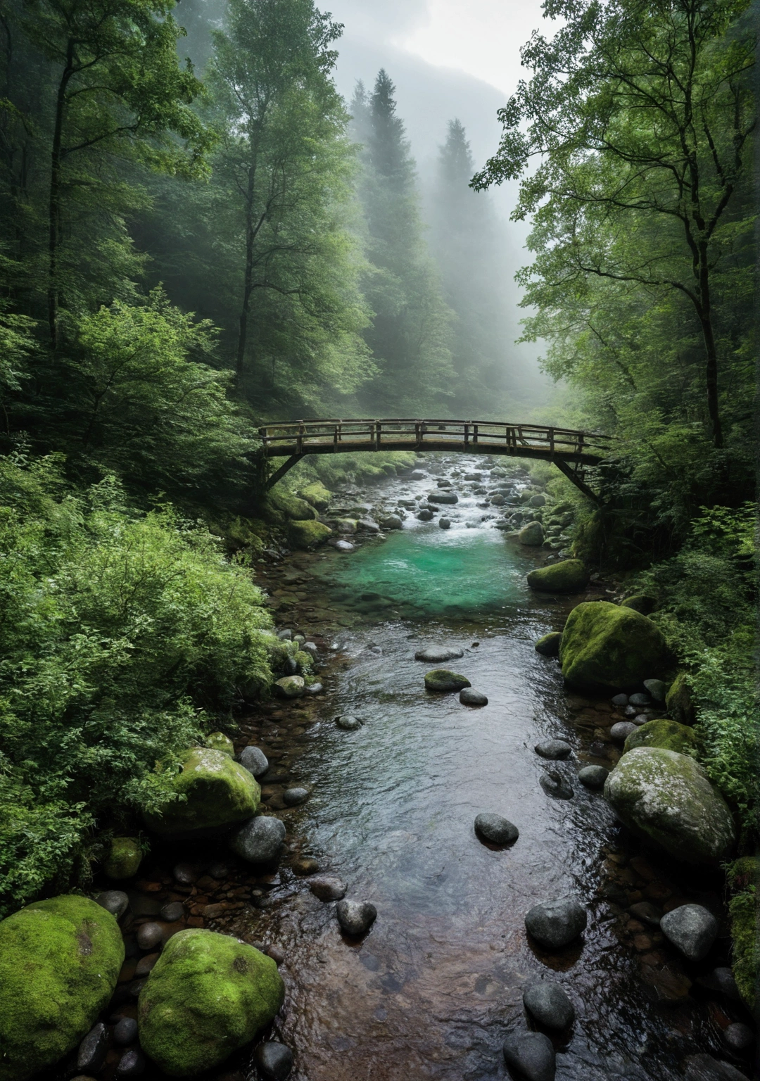 Mountain stream in primeval forest，Clouds and mist，Standing on the bridge and looking down，The water is clear and you can see many small pebbles，Very fresh and natural，Emerald green, clear gray tone,The Rule of Thirds，Maximum resolution，All the details can be seen clearly，4K