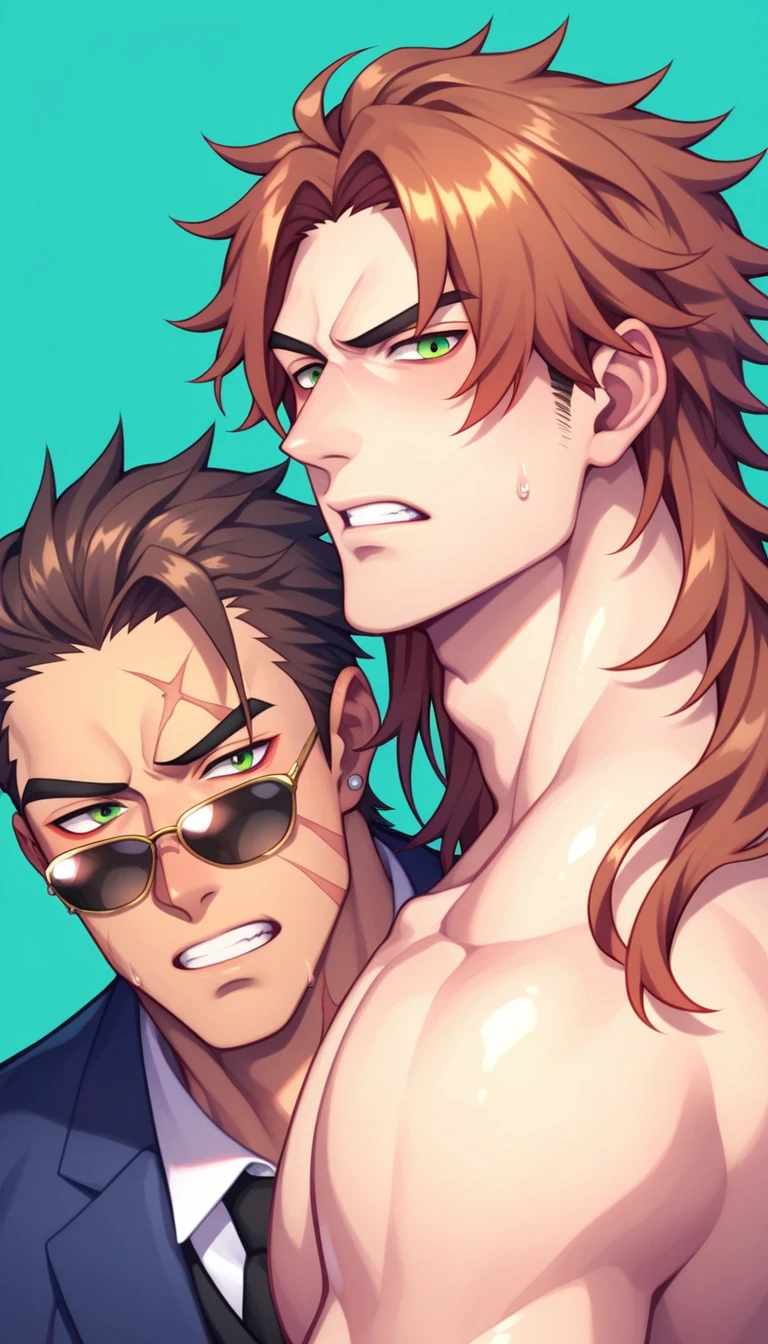 Anime Style, Yakuza, Japan Mafia, Scars on the face, Quietly angry, wild, Middle-aged man, Reddish brown hair, Green Eyes, Sharp Eyes, Frowning, Medium Long Hair, Calm. wise, Staggered sunglasses, A men&#39;s kimono made of black fabric with gold dragon embroidery., dagger, Japanese pattern background, Worldview of the Underworld, Surrealism, Expressionism, Anime Style, Cast a Shadow, Up to the waist, Film Grain, Vignetting, silhouette, 1080P, Anatomically correct