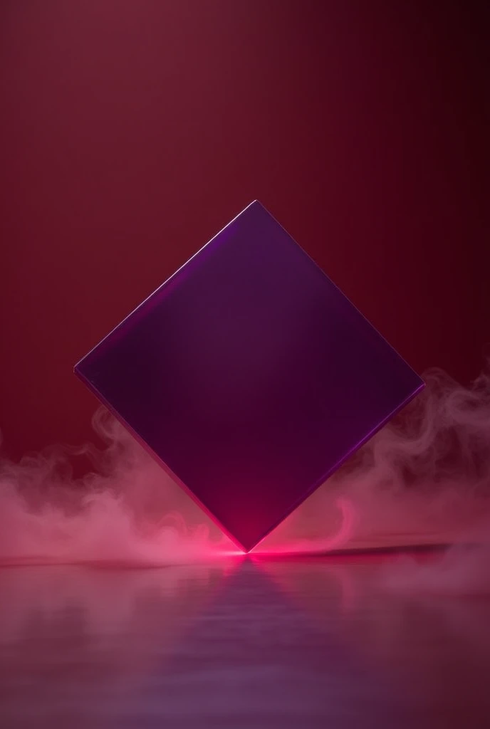 A concept music album cover, wine red minimalist background with a little smoke , main symbol is a square with its front facing tilted with the edge touching the ground, it is a semi-transparent opaque purple object, the point where the edge touches the ground gently reflects the object
