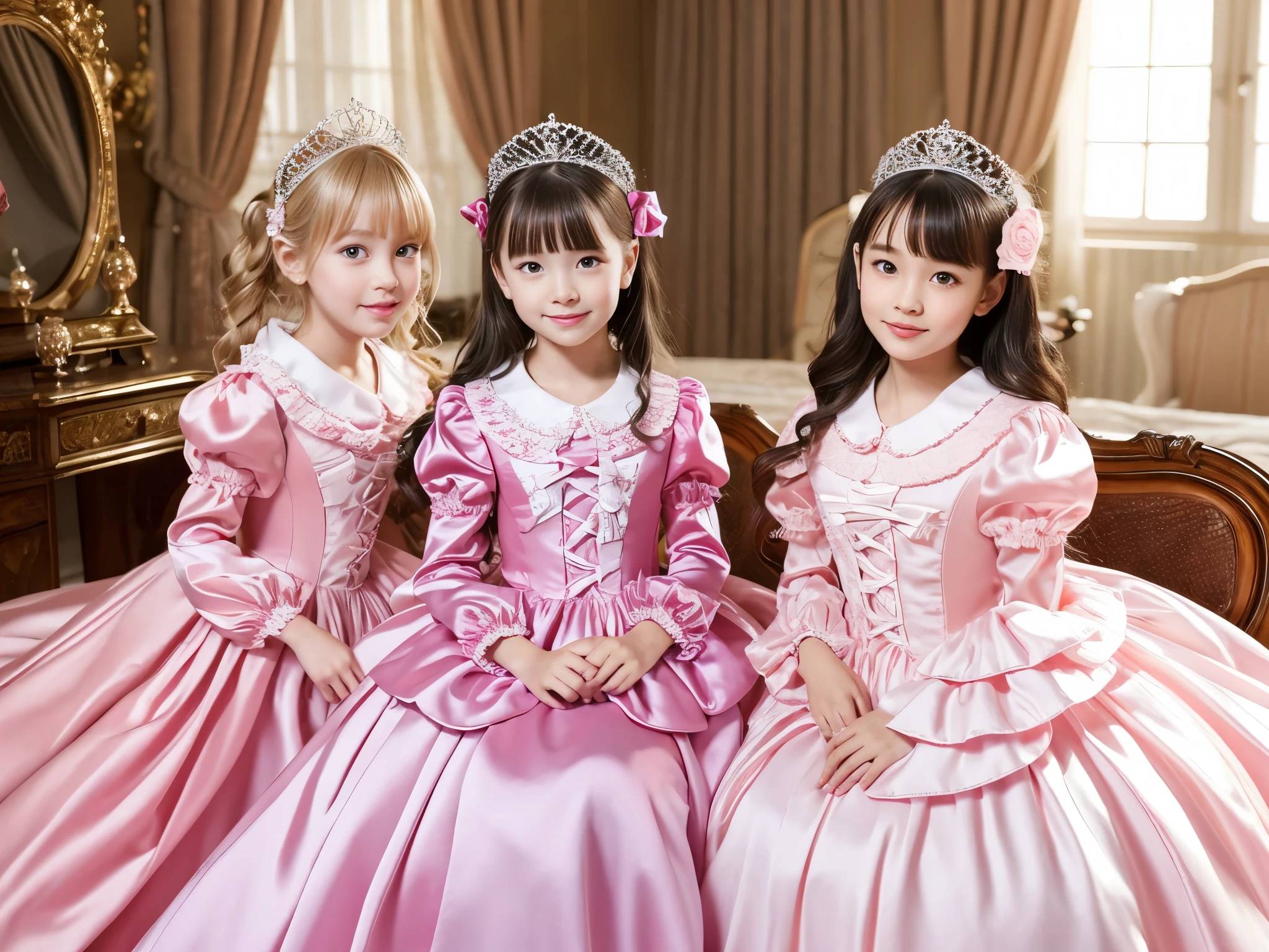 ,highest quality, masterpiece, highest resolution, artwork, super それにget used to it, many get used to it, get used to it, それにget used to it, 3k realistic pictures,,((10 year old little girls)),Ultra-detailed juvenile face,three are princesses,full length ball gown dress with hoop skirt,ruffled yoke collar,puff sleeves,long sleeve,((Lolita style hot pink detailed princess satin dress with lots of ruffles and ribbons)),Rococo style lolita fashion,shiny satin dress,Soft and smooth fabric,luxury,long blonde hair,blue eyes,white skin european,Pajama,((in the bedroom)),luxury princess canopy frilled bed,super detailed bed,lying on the bed,High-quality background,
