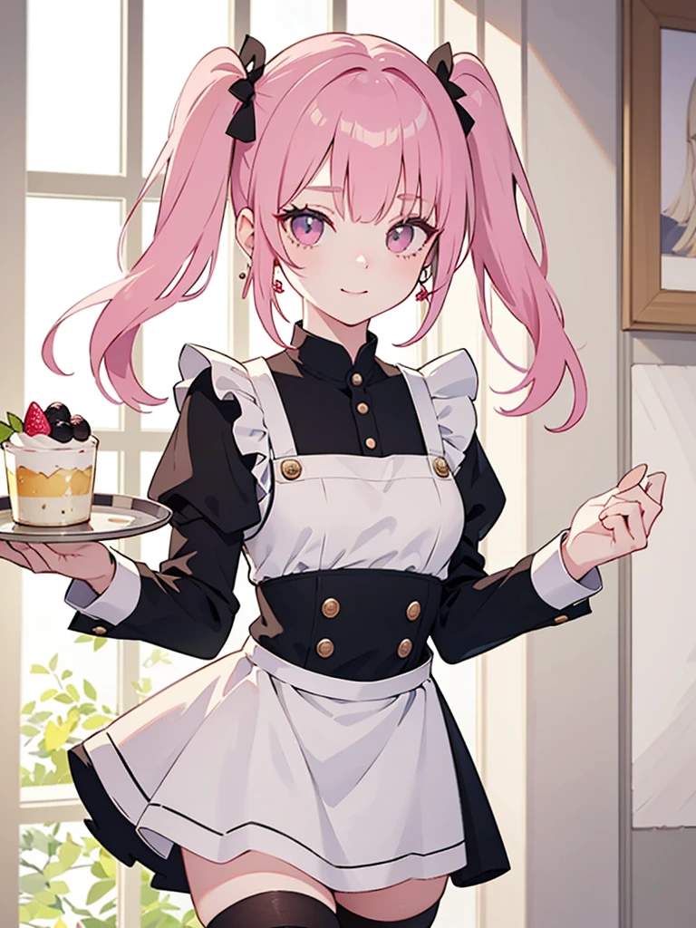High resolution, masterpiece, accurate, Highest quality, High detail, Create an illustration of the character with detailed eye makeup accented with pink eyeshadow that fades to a lighter color towards the inner corners of the eyes. Thick, long eyelashes and soft, arched eyebrows complement it. The character has a unique hairstyle with straight cut bangs that frame her face, hair pulled into small twin tails secured with a pink band that matches the eyeshadow, and the rest of the hair hanging naturally a little longer than her shoulders. Her ears are adorned with multiple earrings, including studs and hoops, adding a playful touch to the overall aesthetic. She wears a classic maid outfit consisting of a black dress, a very short skirt with a small glimpse of her white panties, a white apron with ruffled trim, pink ribbons on the sides, and black thigh-high stockings. She holds a tray of parfait desserts, and her serene expression and gentle smile exude elegance. The overall aesthetic is soft, adorable, and subtly sexy, with an emphasis on the beauty of her face and hair, bringing out intricate, realistic details.