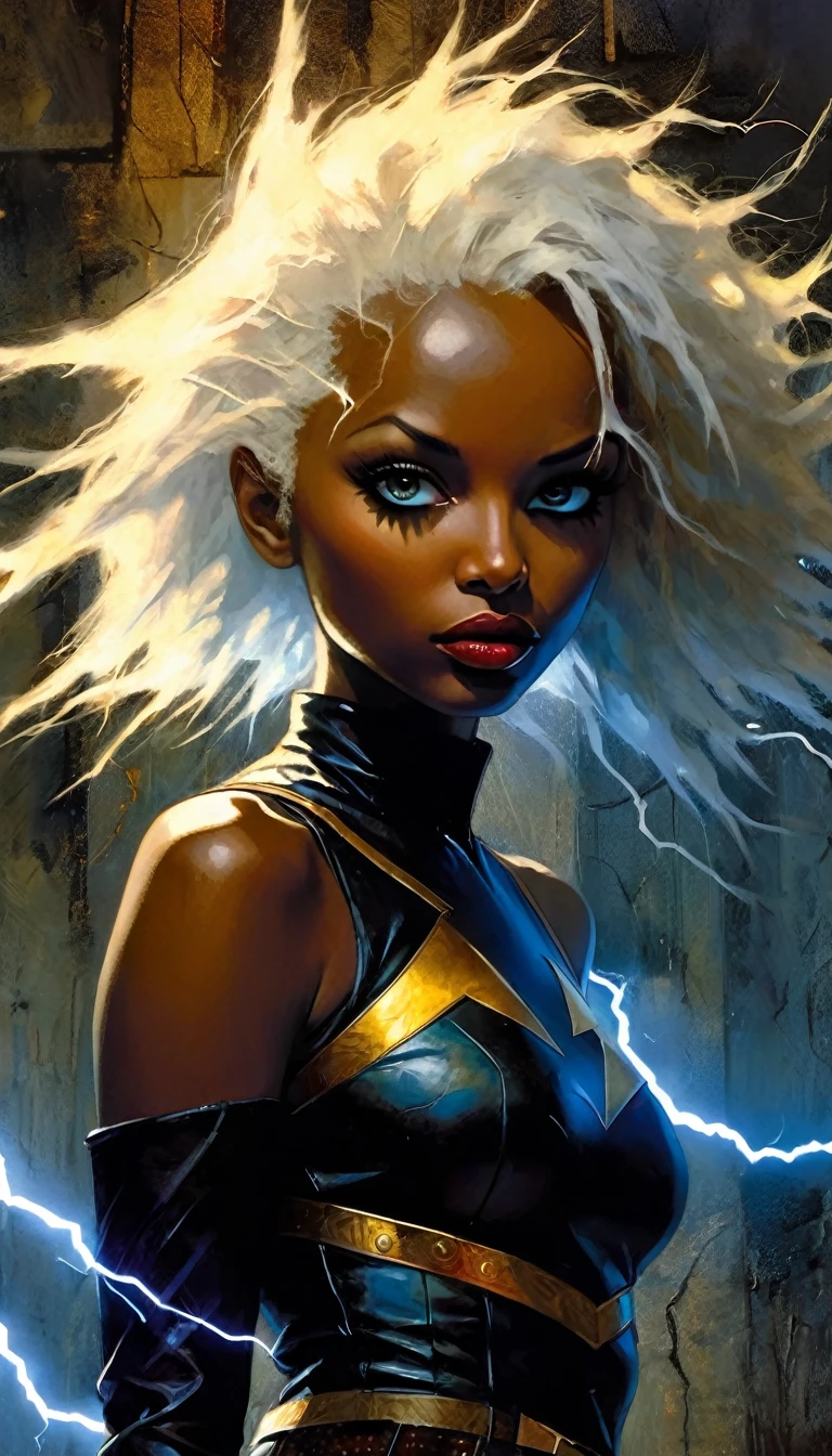 storm character, black skin, long white hair, blue eyes, superhero black leather suite, miniskirt, , x on the belt, lightning, african city background, magic, stars, (best quality, 4k, 8k, high resolution, masterpiece: 1.2), ultra-detailed, (realistic, photorealistic, photorealistic: 1.37), details intricate, vivid colors, sharp focus, professional, Dave McKean artwork, surrealism oil touch, oil painting style, portrait, woman, beautiful detailed eyes, beautiful detailed lips, dreamy atmosphere, shadow play, lighting soft, fun pose, dark tones, ethereal background, fantasy elements,lightning, texture, layered composition.art inspired by Bill Sienkiewicz and Dave McKean
