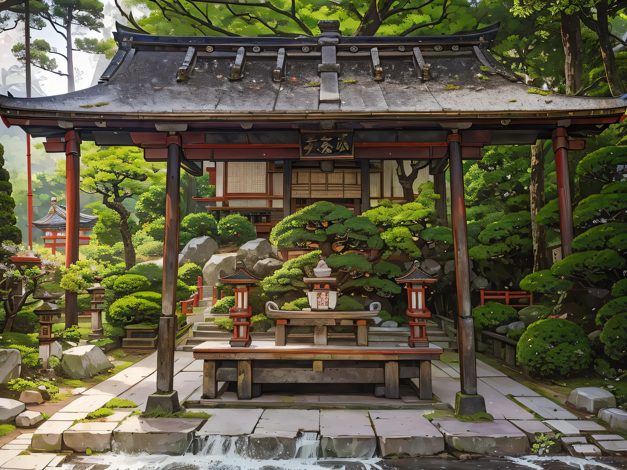 there is a small gazebo with a lot of candles on it, japanese shrine, shinto shrine, japanese temple, near a japanese shrine, shrine, mythical shrine, japanese shrine waterfall, shrines, ancient japanese architecture, japanese temples, zen temple background, kyoto japan setting, japanese bathhouse, inspired by Sesshū Tōyō