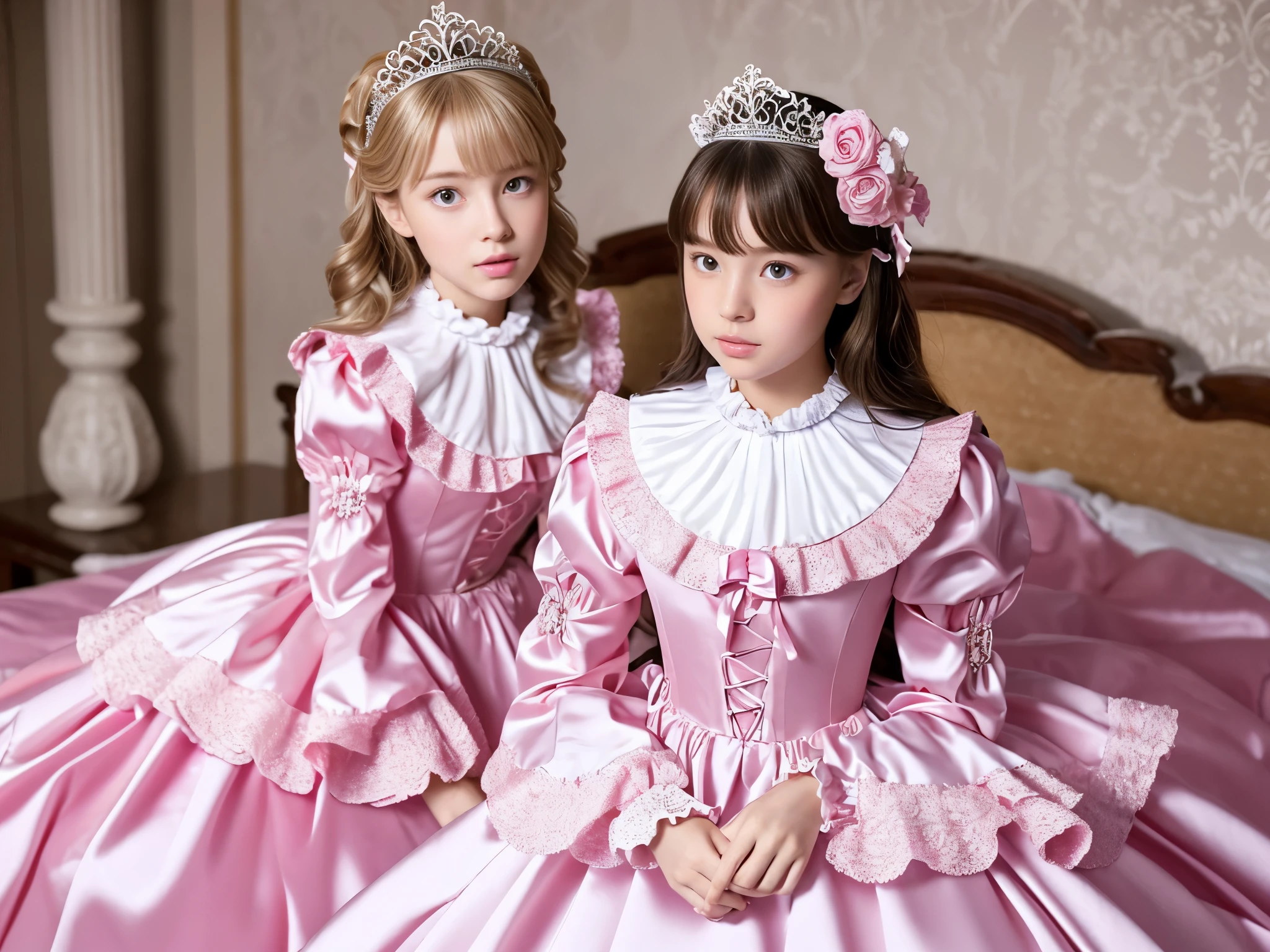 ,highest quality, masterpiece, highest resolution, artwork, super それにget used to it, many get used to it, get used to it, それにget used to it, 3k realistic pictures,,((10 year old ***********s)),Ultra-detailed juvenile face,three are princesses,full length ball gown dress with hoop skirt,ruffled yoke collar,puff sleeves,long sleeve,((****ta style hot pink detailed princess satin dress with lots of ruffles and ribbons)),Rococo style ****ta fashion,shiny satin dress,Soft and smooth fabric,luxury,long blonde hair,blue eyes,white skin european,Pajama,((in the bedroom)),luxury princess canopy frilled bed,super detailed bed,lying on the bed,High-quality background,