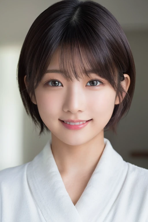 masterpiece, Highest quality, One Woman, (White bathrobe:1.2), Age 25、(RAW Photos, Highest quality), (reality, Realistic:1.4), Clean look、Iris、very detailed eyes and face, Beautiful and detailed nose, beautiful eyes, Perfect Anatomy, Black short hair、Wet Hair、bangs、Crystal skin, A happy smile、Face Focus、indoor、
