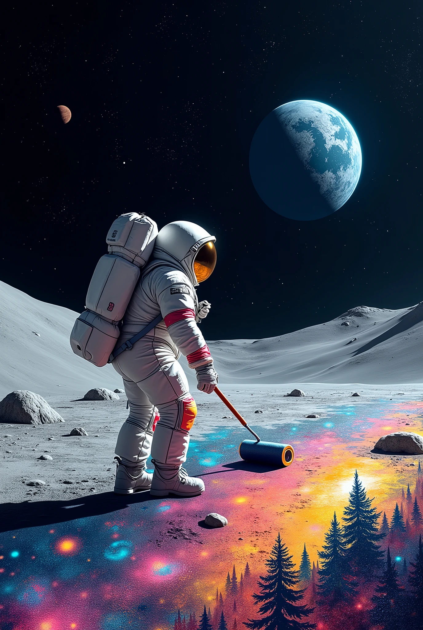 An astronaut with a paint roller, creating a large colorful mural on the lunar surface, with brushstrokes depicting terrestrial and galactic landscapes.